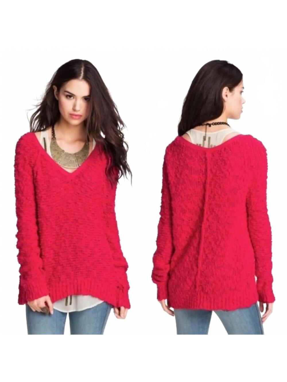 Free People Songbird V Neck Knit Pullover Sweater Flare Bell Sleeve Hot Pink XS